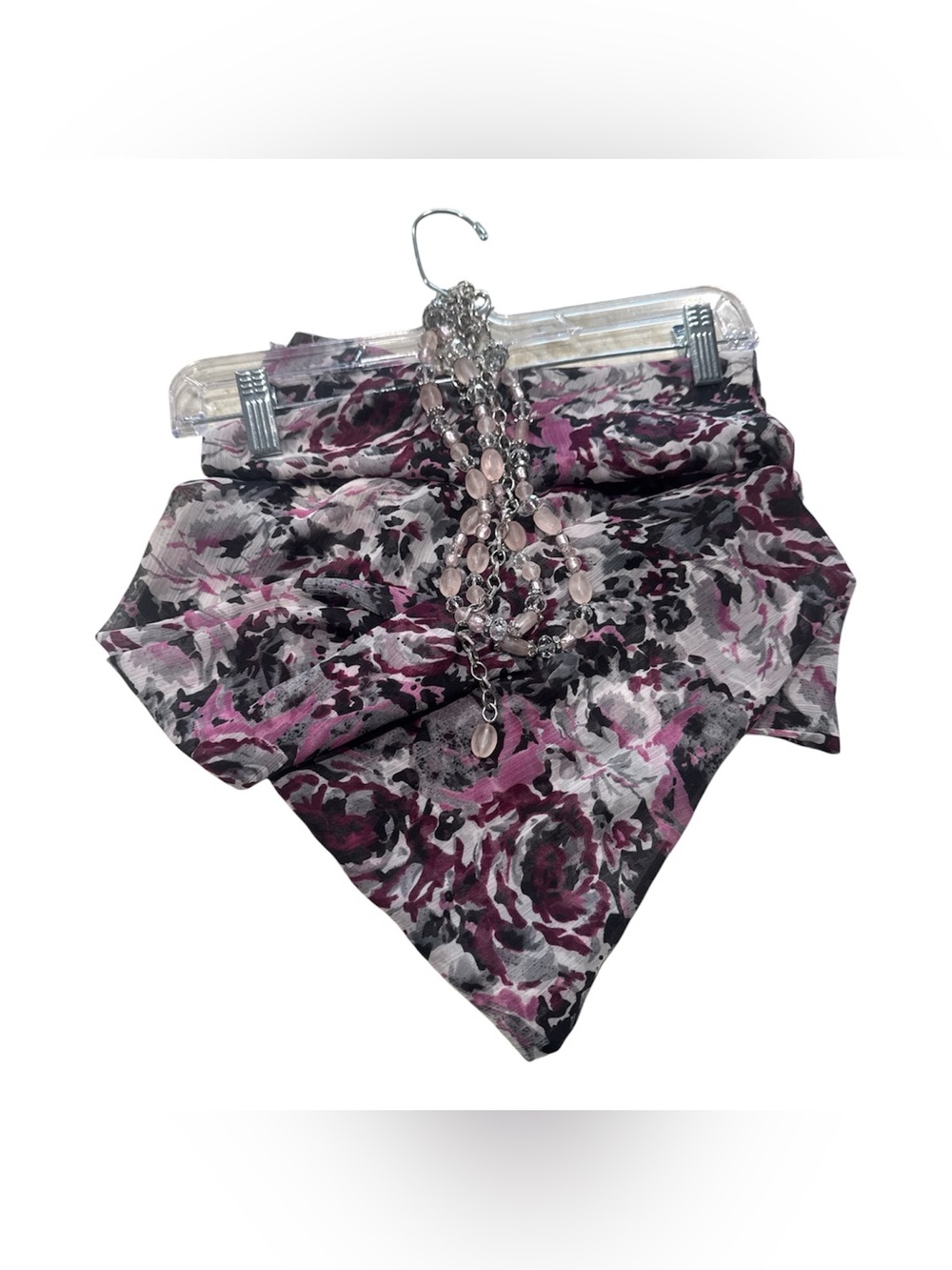 Women’s Floral Pink Gray Scarf with Beaded Necklace